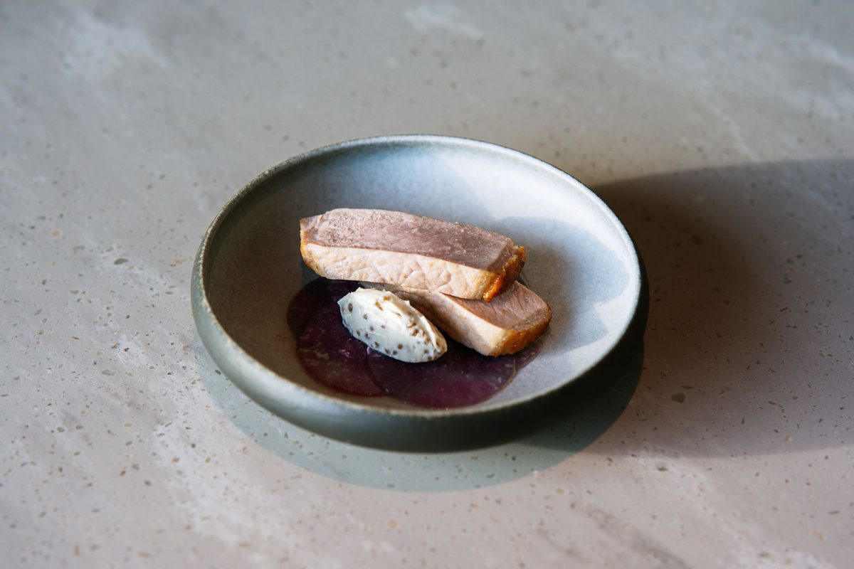 Stylish presentation of duck breast with sauce on a modern plate, highlighting fine dining cuisine.